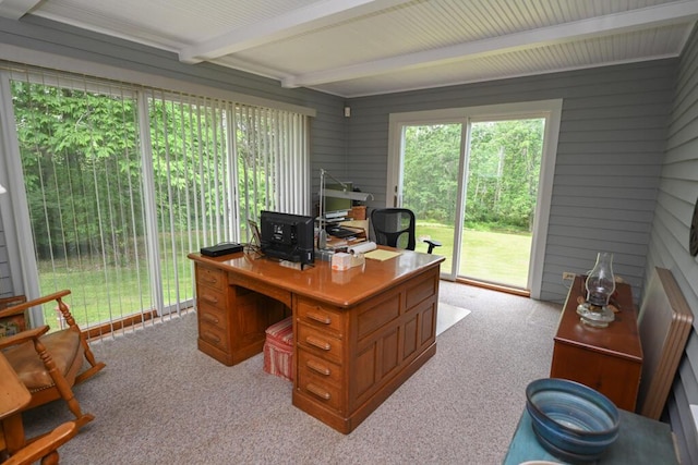 337 Copeland Hill Rd, Holden, ME 04429 - office with light colored carpet, beam ceiling, healthy amount of natural light, and wood walls