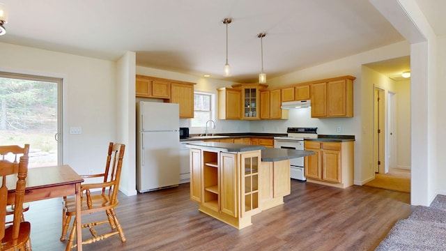 452 Flat Rd, Bethel, ME 04217 - kitchen featuring white appliances, under cabinet range hood, dark countertops, a kitchen island, and glass insert cabinets