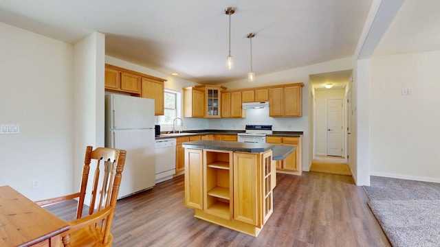452 Flat Rd, Bethel, ME 04217 - kitchen featuring white appliances, a center island, dark countertops, glass insert cabinets, and open shelves