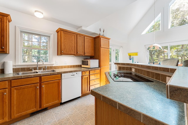 61 Dwelly Point Rd, Franklin, ME 04634 - kitchen featuring white appliances, plenty of natural light, brown cabinets, and high vaulted ceiling