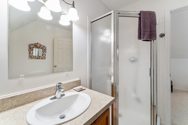 61 Dwelly Point Rd, Franklin, ME 04634 - bathroom featuring a stall shower, vanity, and vaulted ceiling