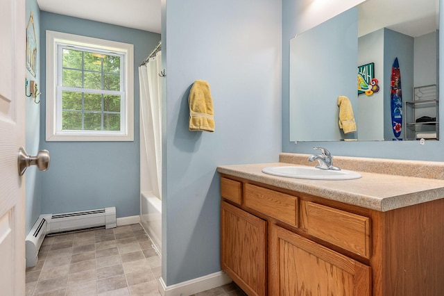 13 Dobson Rd, Berwick, ME 03901 - full bath with vanity, baseboard heating, and shower / bathtub combination with curtain