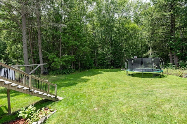 13 Dobson Rd, Berwick, ME 03901 - view of green lawn featuring a trampoline, stairway, and a view of trees