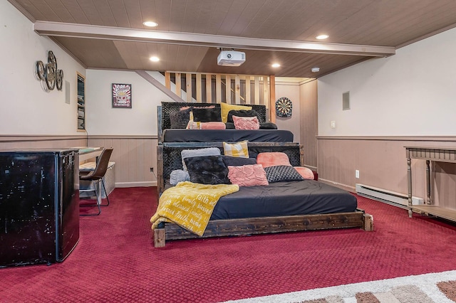 13 Dobson Rd, Berwick, ME 03901 - carpeted bedroom with a wooden ceiling with exposed beams, a baseboard radiator, recessed lighting, and wainscoting