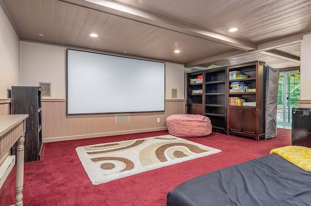 13 Dobson Rd, Berwick, ME 03901 - carpeted home theater room featuring a wainscoted wall, recessed lighting, and a wood ceiling with exposed beams