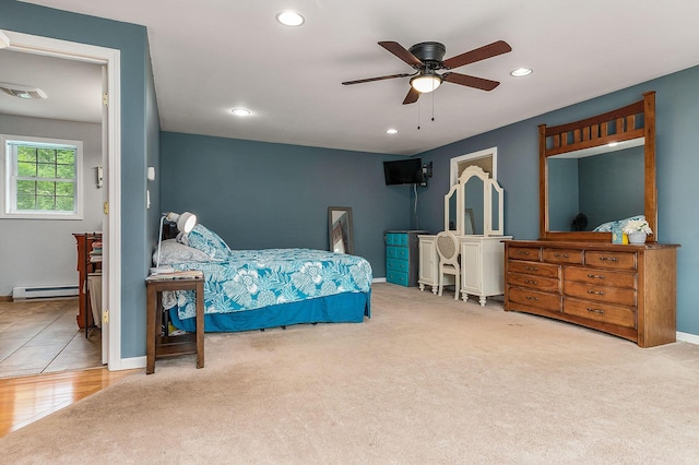 13 Dobson Rd, Berwick, ME 03901 - bedroom featuring a baseboard radiator, recessed lighting, carpet, and ceiling fan