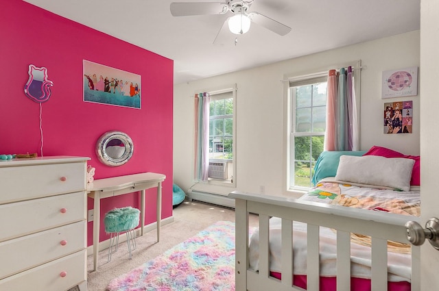 13 Dobson Rd, Berwick, ME 03901 - bedroom featuring carpet floors, baseboard heating, a ceiling fan, and cooling unit
