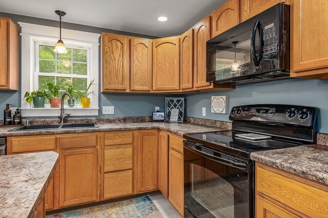 13 Dobson Rd, Berwick, ME 03901 - kitchen featuring black appliances, hanging light fixtures, recessed lighting, and brown cabinets