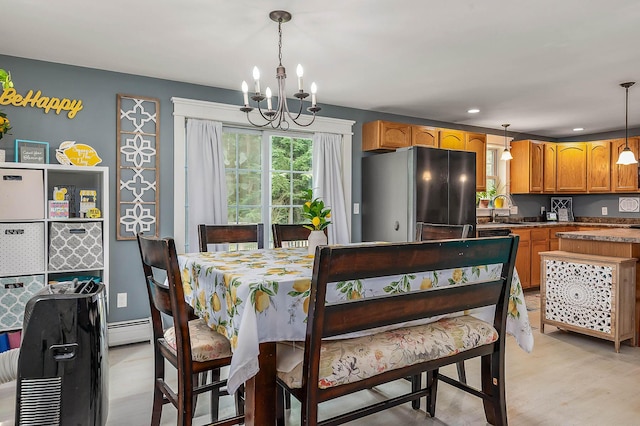 13 Dobson Rd, Berwick, ME 03901 - dining room with a chandelier, light wood-type flooring, baseboard heating, and recessed lighting