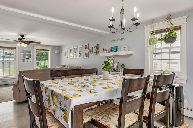 13 Dobson Rd, Berwick, ME 03901 - dining room with a chandelier, wood finished floors, a ceiling fan, and beam ceiling
