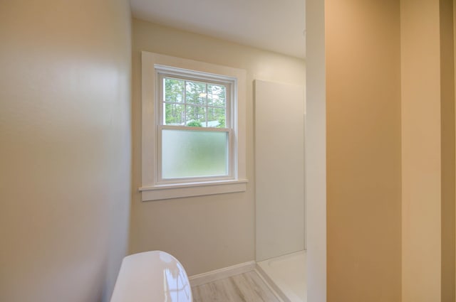 61 Shore Rd, Sebago, ME 04029 - bathroom with a shower and wood finished floors