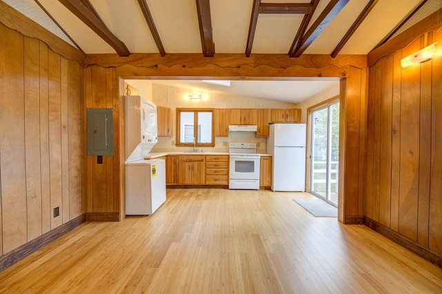 61 Shore Rd, Sebago, ME 04029 - kitchen with white appliances, electric panel, stacked washer / dryer, light wood finished floors, and light countertops