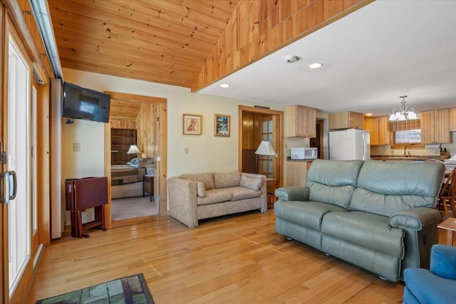 48 Green Bay Rd, Newfield, ME 04095 - living area featuring a chandelier, light wood finished floors, recessed lighting, and high vaulted ceiling