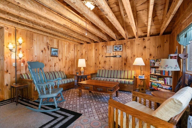 48 Green Bay Rd, Newfield, ME 04095 - living room featuring wood walls and wood ceiling
