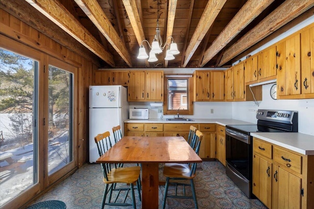 48 Green Bay Rd, Newfield, ME 04095 - kitchen with white appliances, a wooden ceiling with exposed beams, a chandelier, light countertops, and dark flooring