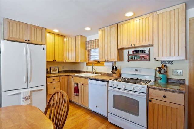 48 Green Bay Rd, Newfield, ME 04095 - kitchen featuring white appliances, dark countertops, recessed lighting, light wood-style floors, and light brown cabinets