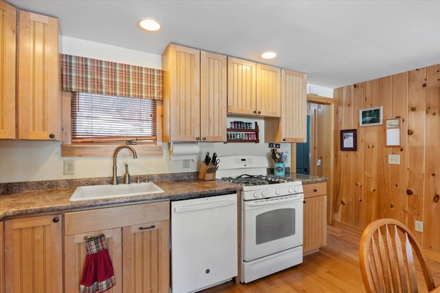 48 Green Bay Rd, Newfield, ME 04095 - kitchen with white appliances, light brown cabinets, light wood finished floors, recessed lighting, and wooden walls