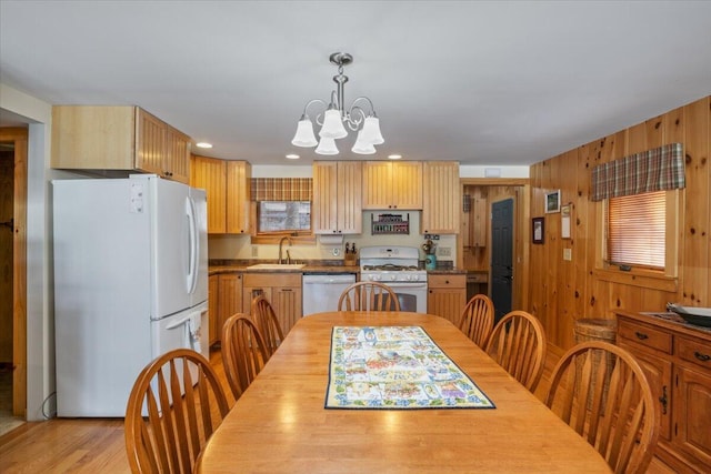 48 Green Bay Rd, Newfield, ME 04095 - dining area featuring a chandelier, wooden walls, recessed lighting, and light wood finished floors