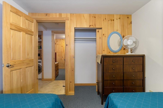 48 Green Bay Rd, Newfield, ME 04095 - bedroom with carpet floors, washer / dryer, and wooden walls