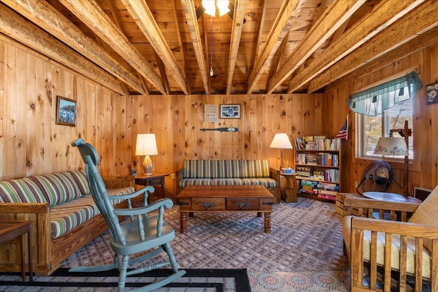 48 Green Bay Rd, Newfield, ME 04095 - sitting room featuring wood walls, carpet floors, and wooden ceiling