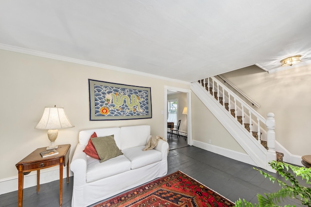 5 Purchase St, Rockland, ME 04841 - living area with stairs, dark wood-type flooring, and crown molding