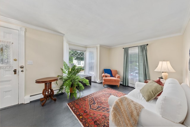 5 Purchase St, Rockland, ME 04841 - living area with crown molding, a baseboard heating unit, and wood finished floors