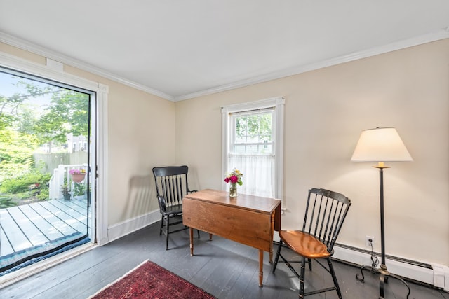 5 Purchase St, Rockland, ME 04841 - office area featuring ornamental molding, wood-type flooring, and a baseboard radiator