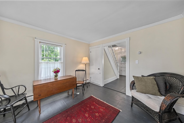 5 Purchase St, Rockland, ME 04841 - sitting room with crown molding, stairway, and wood finished floors