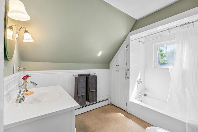 5 Purchase St, Rockland, ME 04841 - bathroom featuring a baseboard heating unit, shower / bath combo, vanity, vaulted ceiling, and wainscoting
