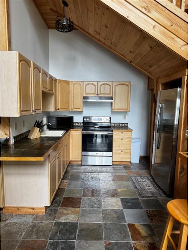 24 Cliffside Dr, Saint Albans, ME 04971 - kitchen featuring stainless steel appliances, light brown cabinets, stone tile flooring, vaulted ceiling, and ventilation hood