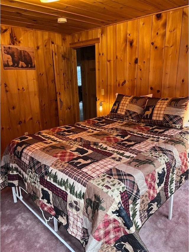 24 Cliffside Dr, Saint Albans, ME 04971 - bedroom featuring carpet floors, wood ceiling, and wood walls