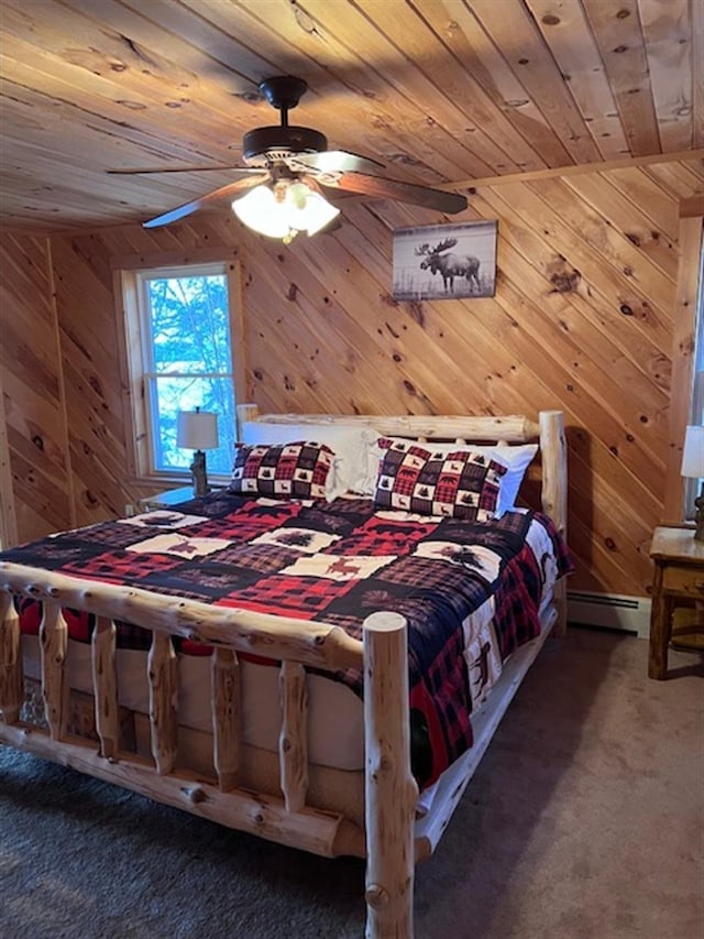 24 Cliffside Dr, Saint Albans, ME 04971 - bedroom featuring wood ceiling, carpet flooring, wooden walls, and baseboard heating
