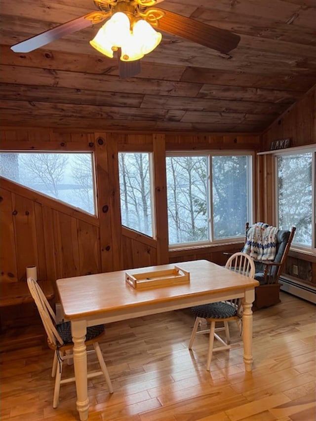 24 Cliffside Dr, Saint Albans, ME 04971 - dining area featuring wooden ceiling, lofted ceiling, ceiling fan, a baseboard heating unit, and light wood-style flooring