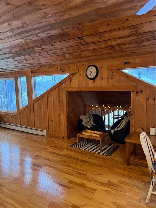 24 Cliffside Dr, Saint Albans, ME 04971 - bonus room featuring a baseboard radiator, healthy amount of natural light, light wood finished floors, wooden ceiling, and wooden walls