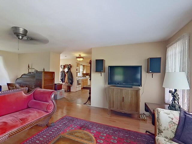 63 N Shore Dr, Owls Head, ME 04854 - living room featuring wood finished floors and ceiling fan