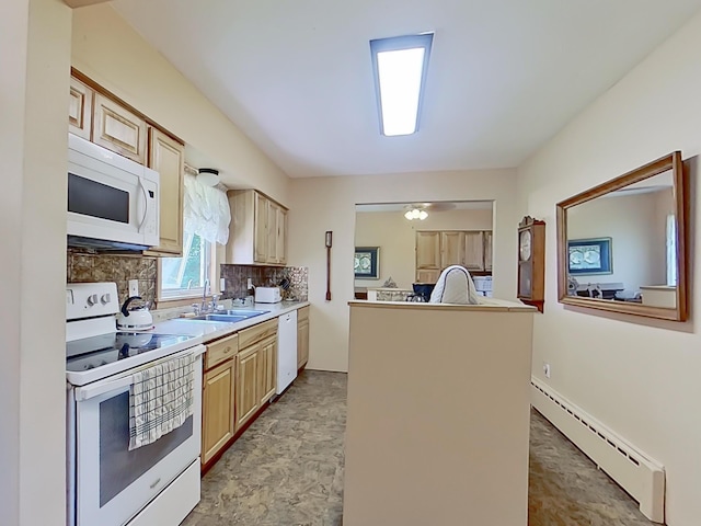 63 N Shore Dr, Owls Head, ME 04854 - kitchen with white appliances, baseboard heating, backsplash, and light countertops