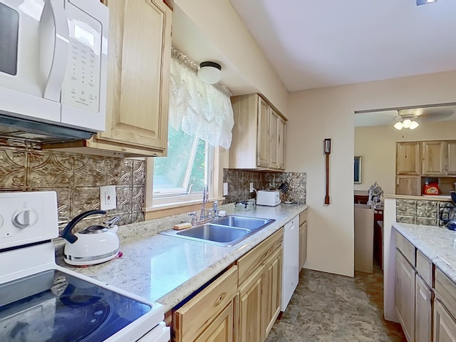 63 N Shore Dr, Owls Head, ME 04854 - kitchen with white appliances, tasteful backsplash, light countertops, and light brown cabinets