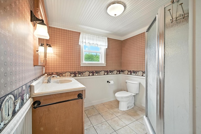 23 W St, Benton, ME 04901 - full bath featuring wallpapered walls, vanity, a shower stall, wainscoting, and tile patterned flooring