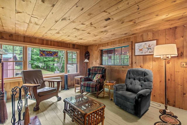 199 Peace Pipe Dr, Litchfield, ME 04350 - living area featuring wooden ceiling, hardwood / wood-style flooring, and wooden walls