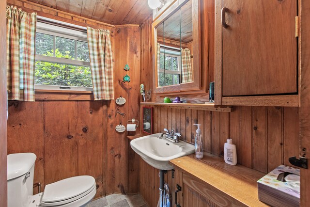199 Peace Pipe Dr, Litchfield, ME 04350 - bathroom with healthy amount of natural light, wood walls, and wooden ceiling