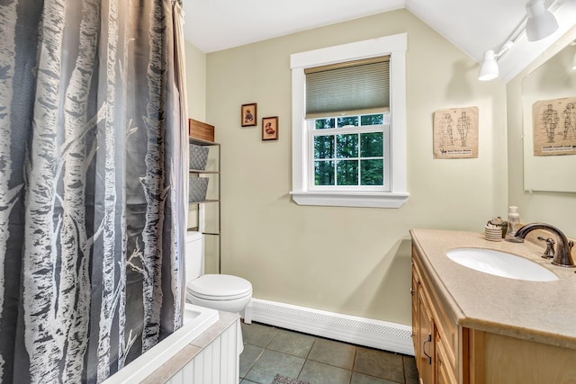 2 Falling Pines Ln, Readfield, ME 04355 - full bathroom with baseboard heating, vanity, tile patterned flooring, a shower with curtain, and a bath