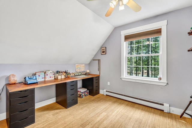 2 Falling Pines Ln, Readfield, ME 04355 - office area with a baseboard heating unit, light wood-type flooring, vaulted ceiling, and a ceiling fan