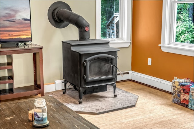 2 Falling Pines Ln, Readfield, ME 04355 - detailed view of a wood stove, wood finished floors, and a baseboard heating unit