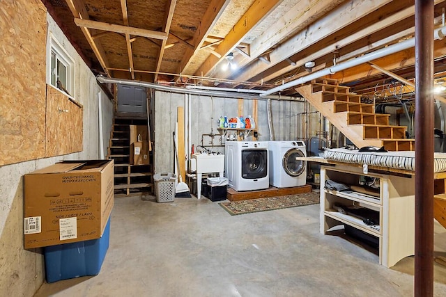 2 Falling Pines Ln, Readfield, ME 04355 - unfinished basement featuring washing machine and dryer and stairway
