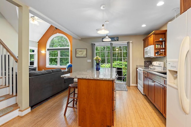 2 Falling Pines Ln, Readfield, ME 04355 - kitchen featuring white appliances, open shelves, a kitchen island, a ceiling fan, and light wood-style floors