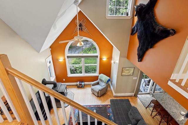 2 Falling Pines Ln, Readfield, ME 04355 - stairs with wood finished floors, a towering ceiling, and ceiling fan