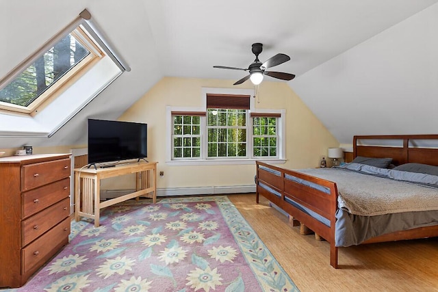 2 Falling Pines Ln, Readfield, ME 04355 - bedroom featuring wood finished floors, lofted ceiling, baseboard heating, a skylight, and a ceiling fan
