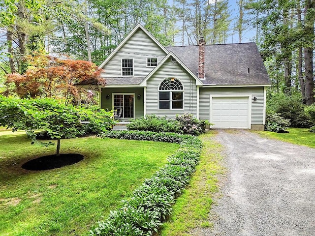 2 Falling Pines Ln, Readfield, ME 04355 - view of front of home with a chimney, gravel driveway, a front yard, and a garage