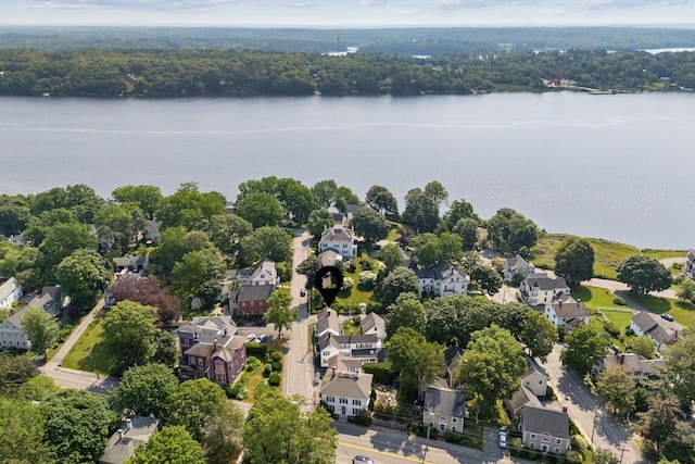 26 Grove St, Bath, ME 04530 - aerial overview of property's location featuring a large body of water and nearby suburban area
