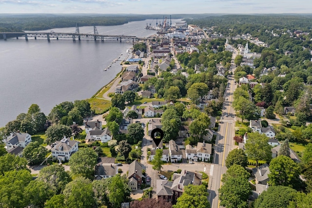 26 Grove St, Bath, ME 04530 - aerial view of residential area featuring a notable bridge and a nearby body of water